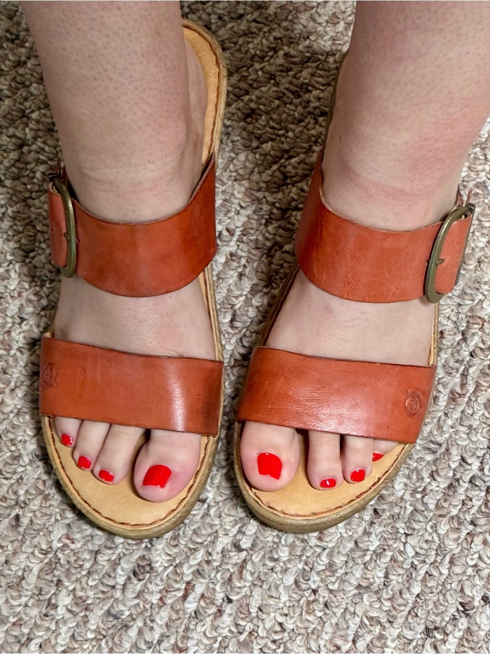 Born Cognac Leather Double Band Wedge Sandals Size 10 Comfort